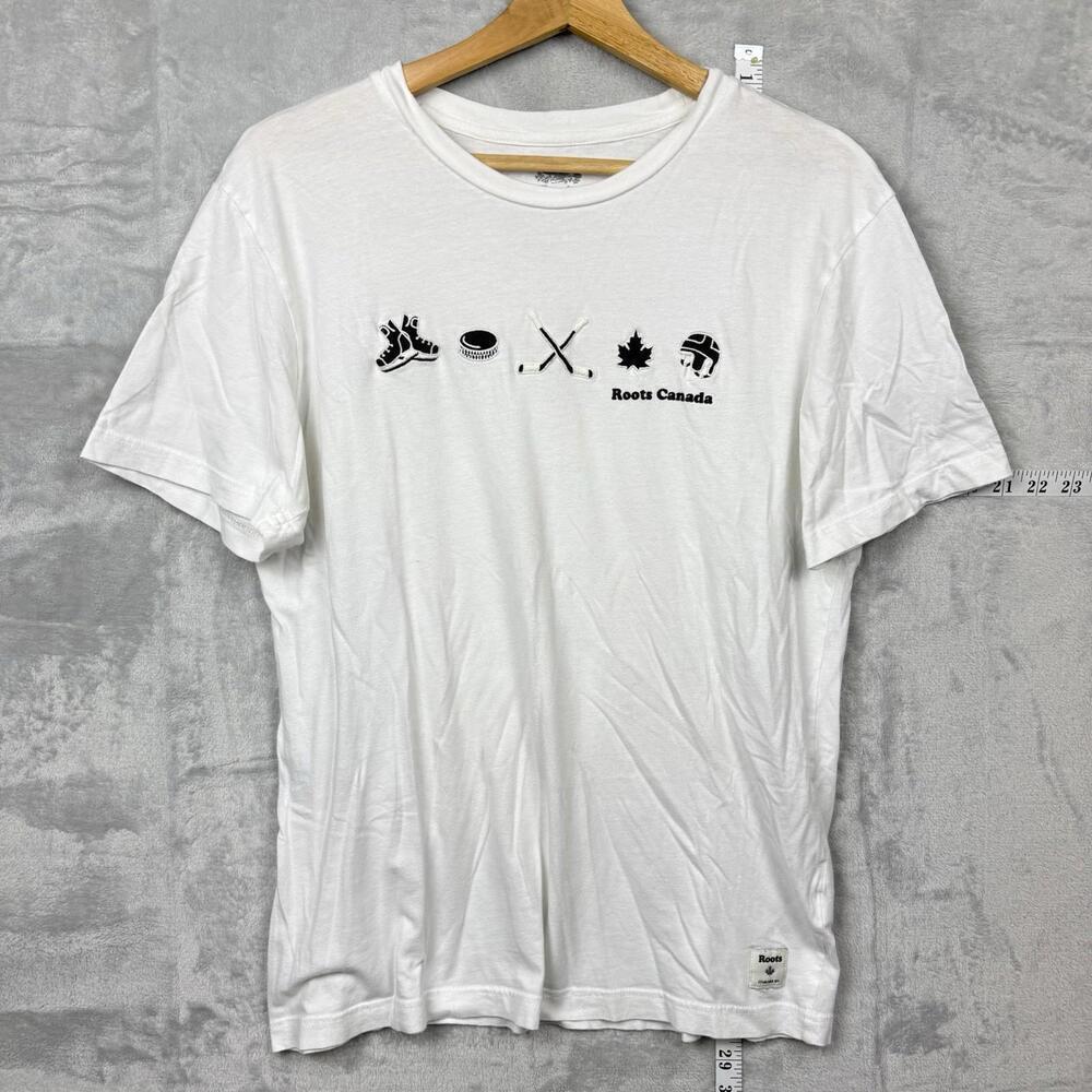 Roots Canada White Graphic T-Shirt Size S Hockey Theme 100% Cotton Casual Tee